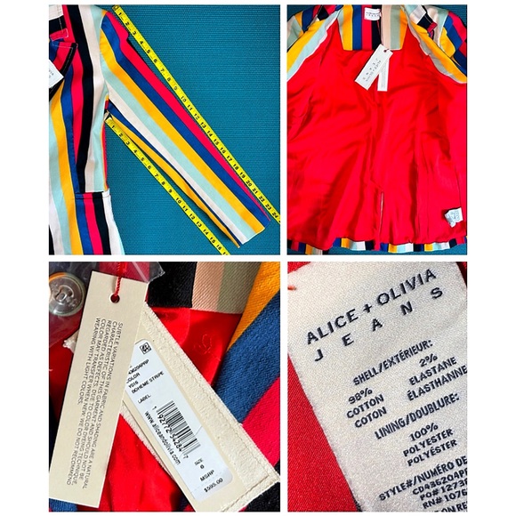 Alice + Olivia Breann Denim Boheme Striped Red Blue Multi Fitted Blazer Jacket - Picture 15 of 16